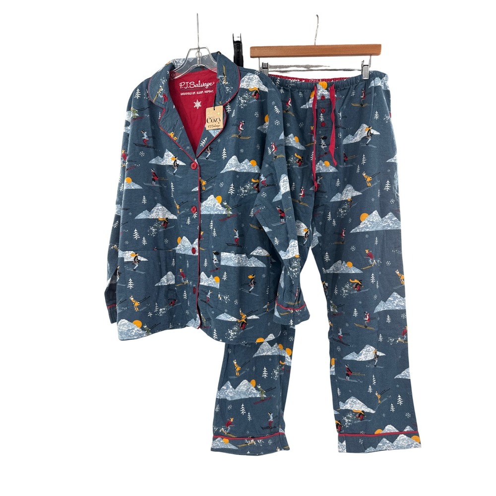 Pj Salvage APRES SKI Flannel Pajama Set Large DARK DENIM Blue‎ Cotton NWT